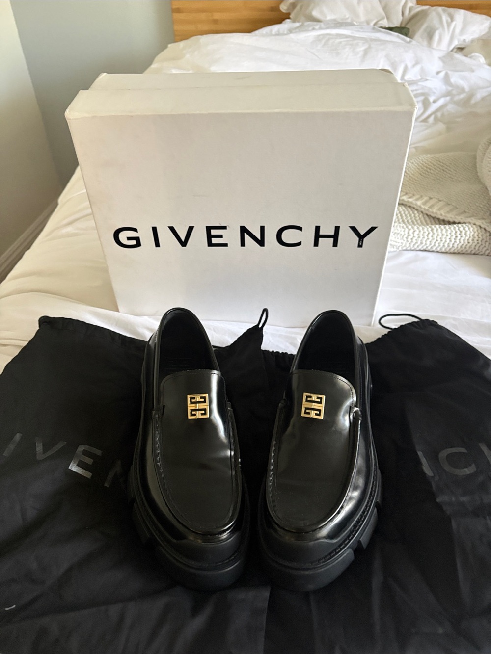 Givenchy Black Leather Wedge Loafers with Gold Logo